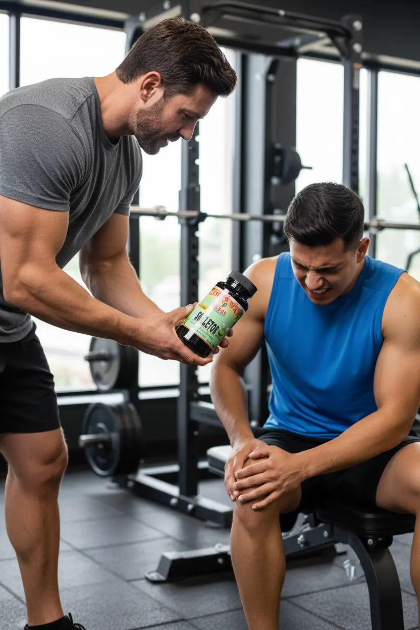 joint mobility support supplement being handed to a man in the gym who is holding his knee in pain.