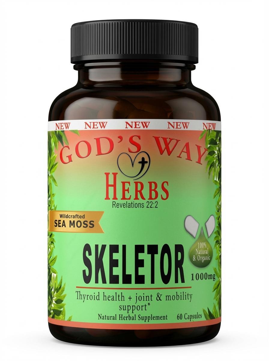 Skeletor joint and mobility support hwerbal supplement with seamoss, bladerwrack, kelp and hyssop. Thyroid health support