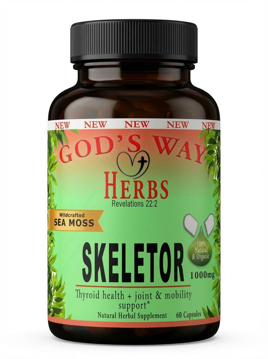 Skeletor joint and mobility support hwerbal supplement with seamoss, bladerwrack, kelp and hyssop. Thyroid health support