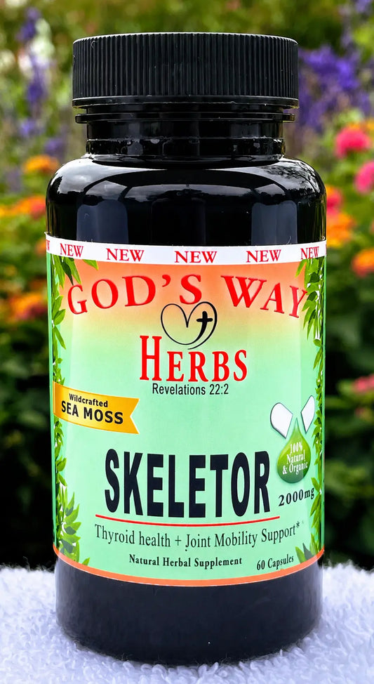 Skeletor joint and mobility support herbal supplement with sea moss, bladerwrack, kelp and hyssop. Thyroid health support