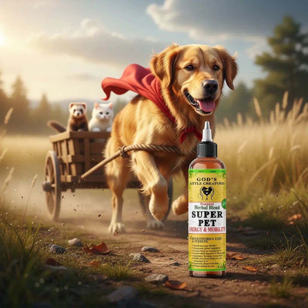 Super Pet natural energy herbal supplement, for pets with dog pushing cart.