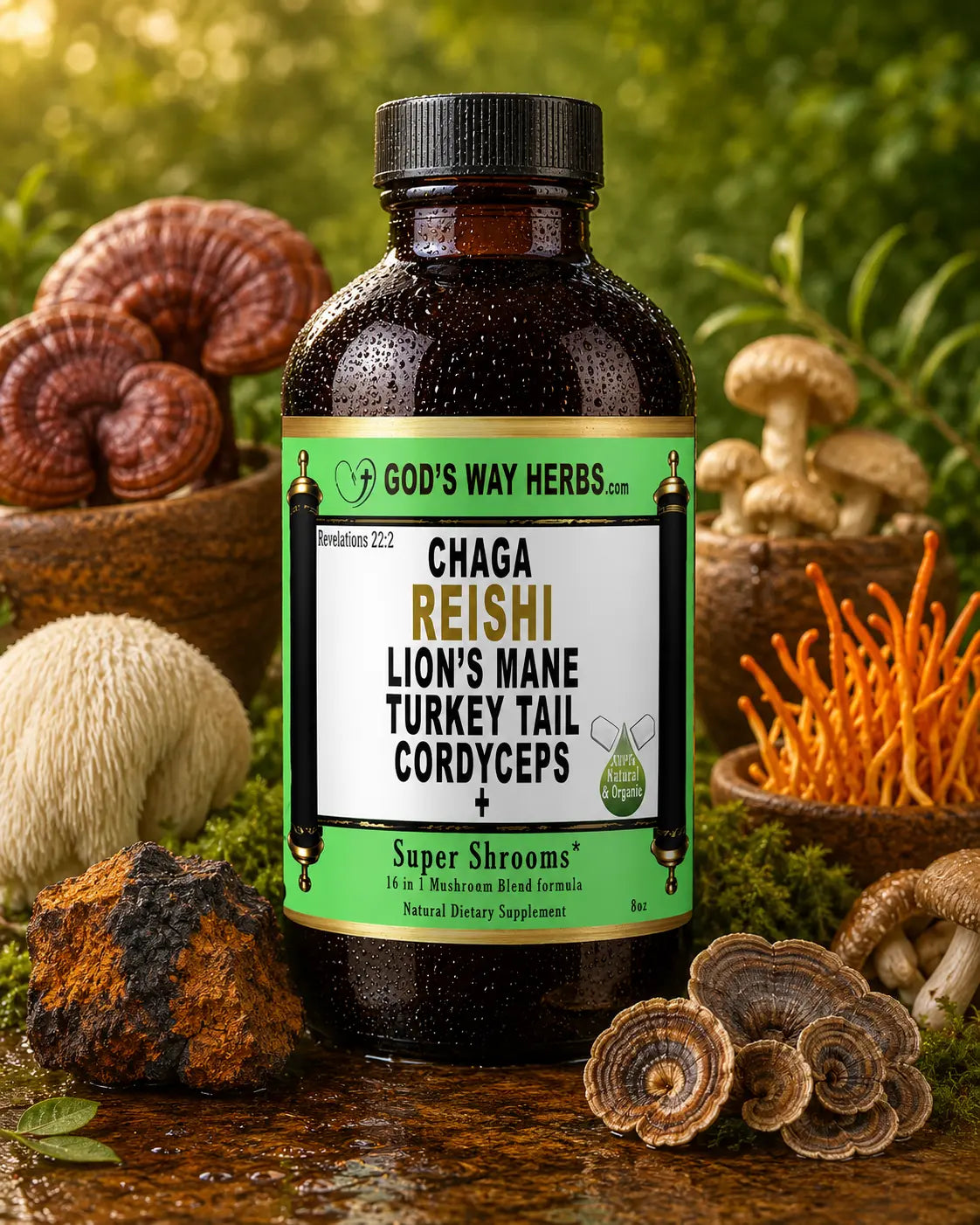 14 in 1 Mushroom Complex Tonic by God;s Way Herbs with reishi, chaga, lion's mane, cordyceps, turkey tail, 8oz liquid Supplement tonic
