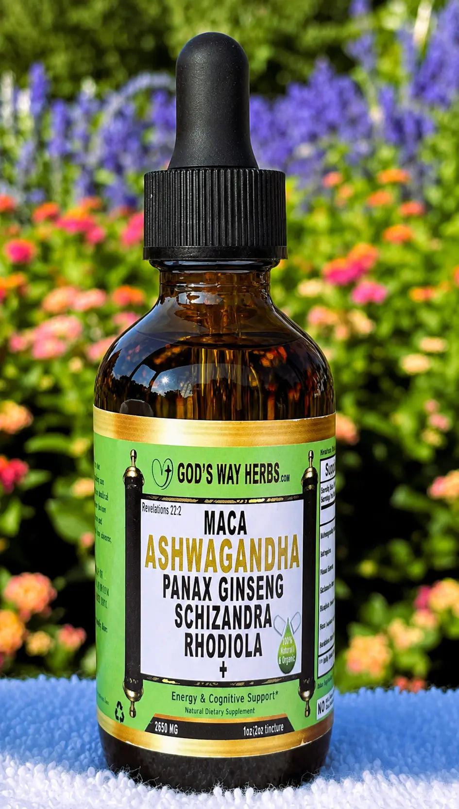 Superpower 2oz adaptogenic vitality tincture with floral background.
