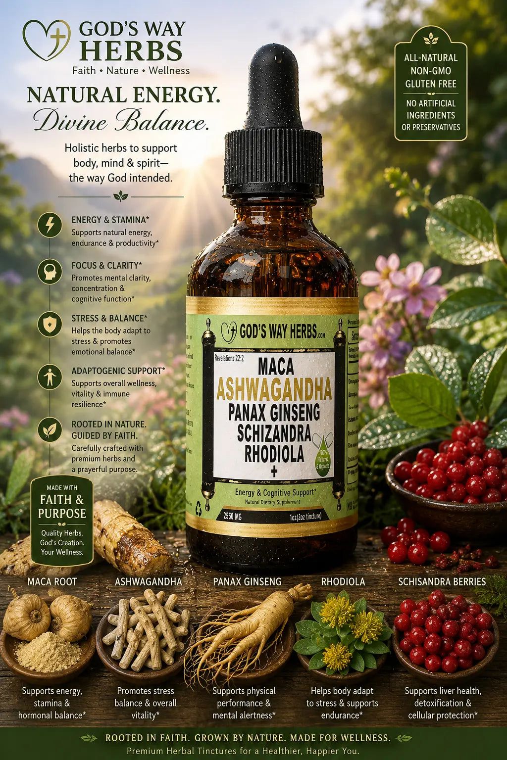 Bottle of God's Way Herbs Vitality Herbal Ticture with Maca, Ashwagandha, Panax Ginseng, Schizandra and Rhodiola with natural ingredients and plants in the background.
