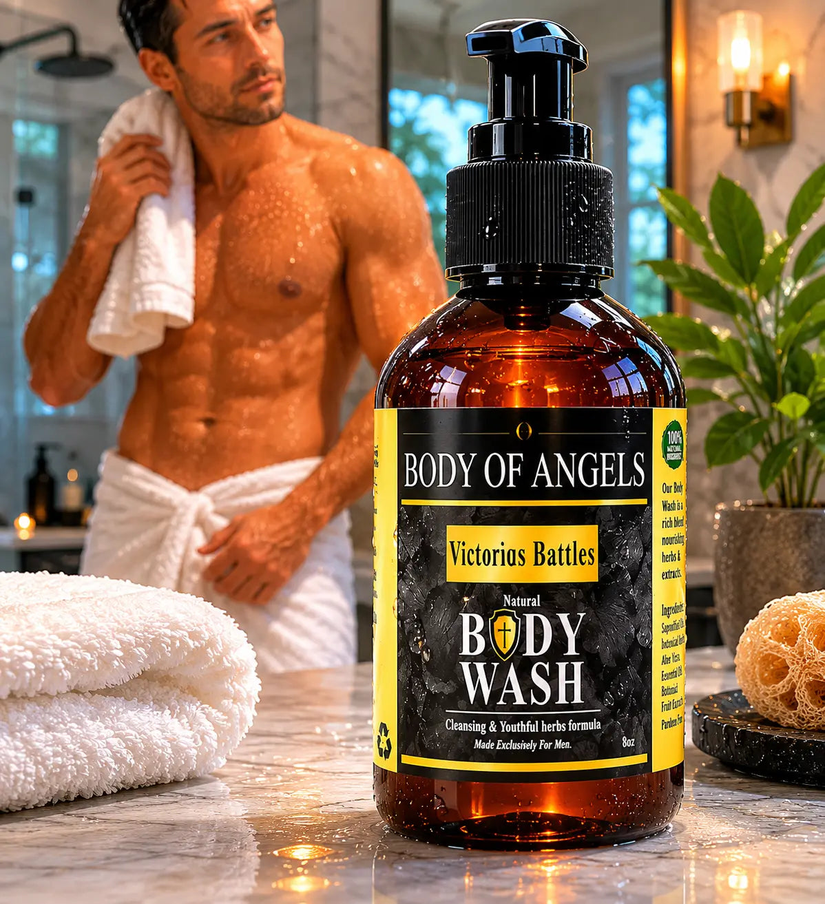 Victorious Battles Herbal Body Wash for Men in relaxing spa setting.