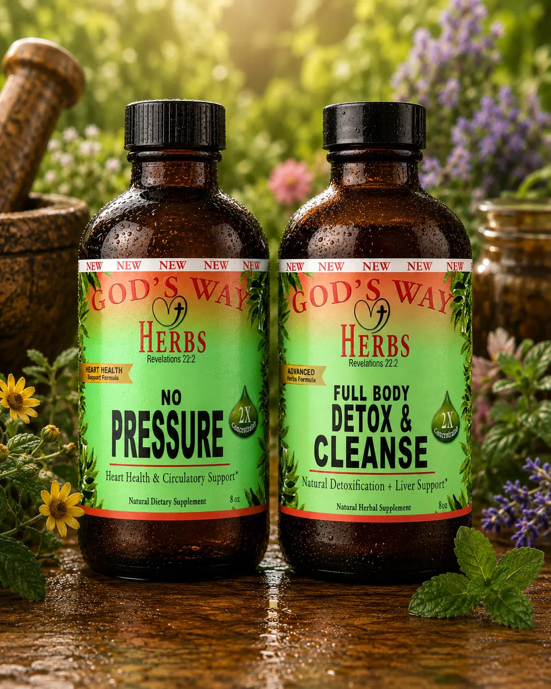 Liquid Circulatory Support Herbal Tonic Bundle with No Pressure and Full Body Detox & Cleanse with floral background.