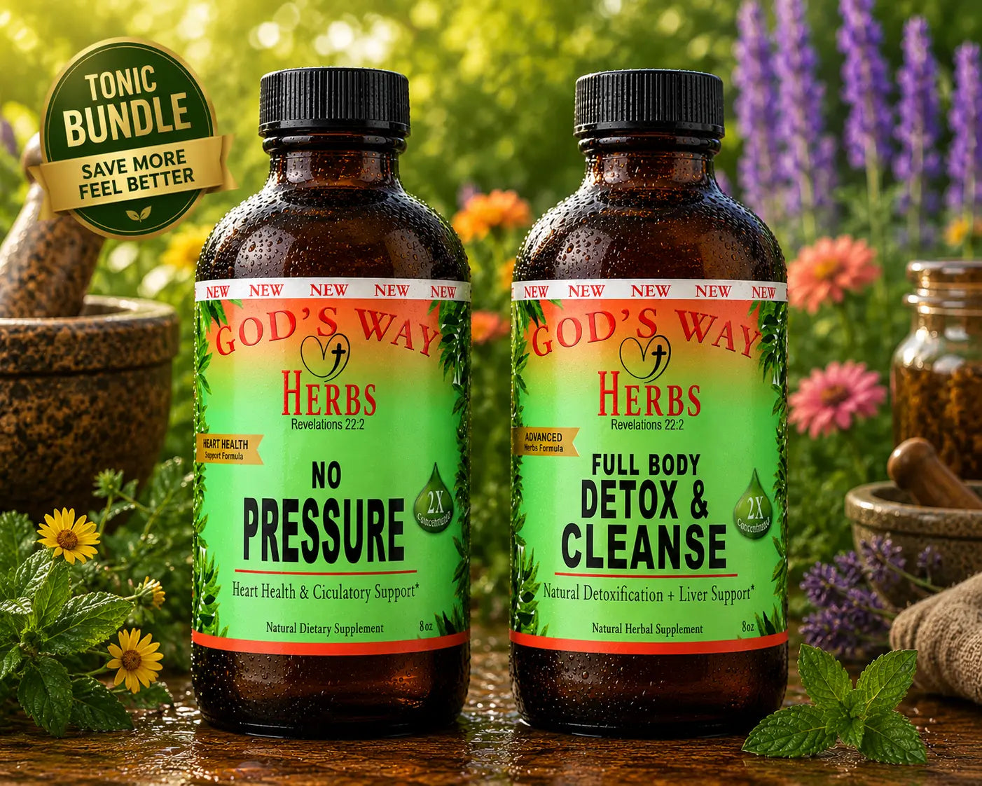 Liquid Heart Support Herbal Tonic Bundle with No Pressure and Full Body Detox & Cleanse.