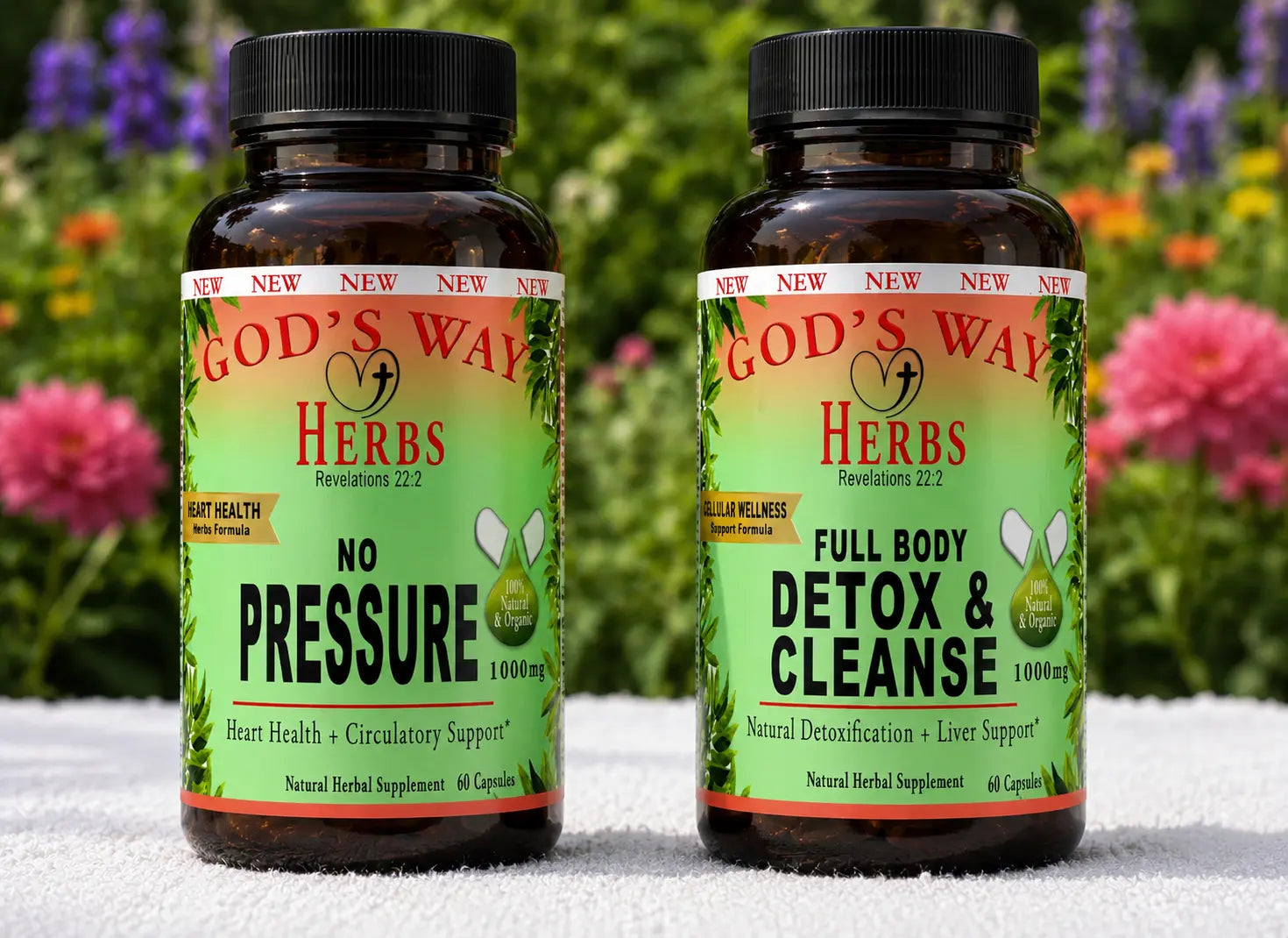 Wellness Package #1 with Full Body Detox & No Pressure natural herbal cleanse, No Pressure (60ct) natural herbal supplements, digestion, heart health, pressure, immunity by god's way herbs, dandelion root, chaparral, nopal cactus, burdock root, elderberry, yellowdock and more!