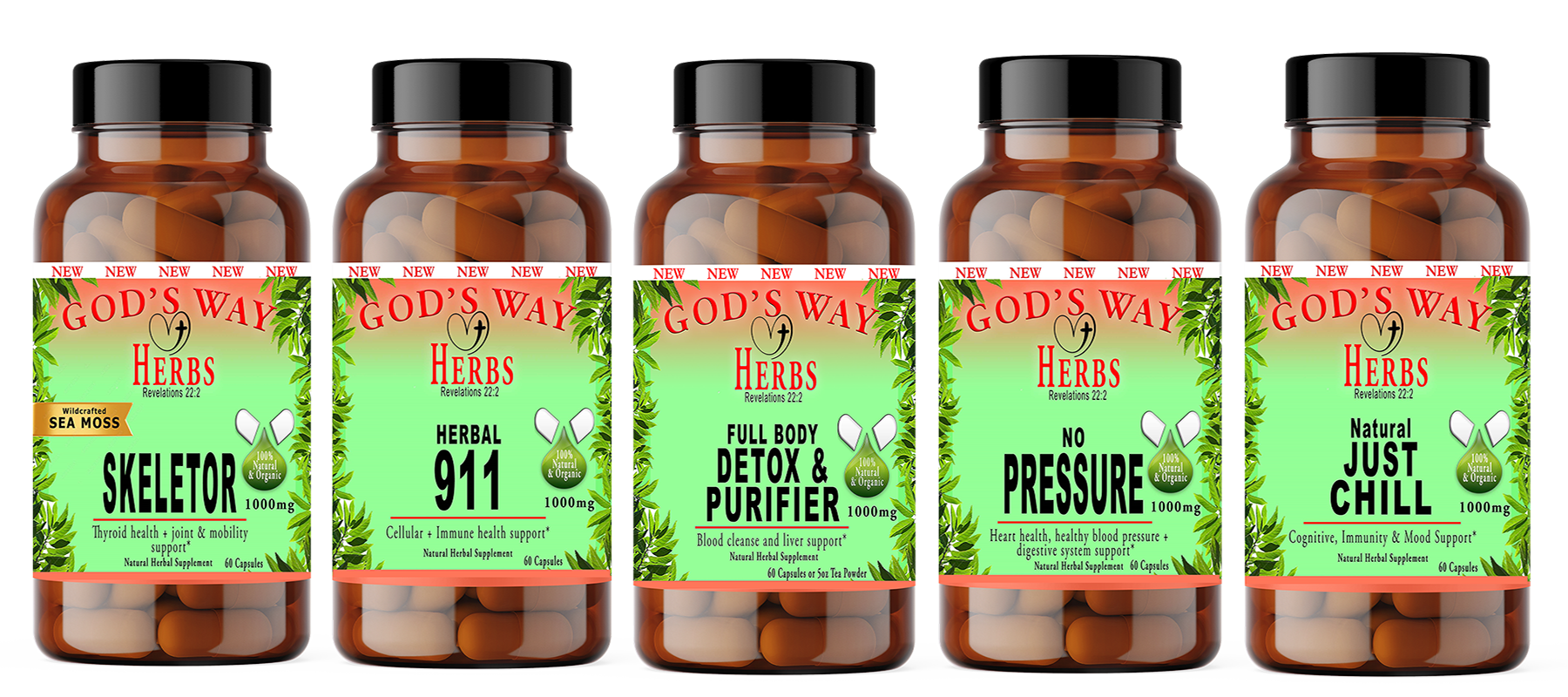 Herbal Supplements Wellness Package #4 by Gods Way Herbs includes 2 Full Body Detox & Purifier 60ct, 2 No Pressure 60ct heart health and digestion formula, 2 Herbal 911 60ct promotes cellular wellness and immunity, 2 Just Chill 60ct Calming Mood Support and Skeletor joint and mobility and thyroid health support