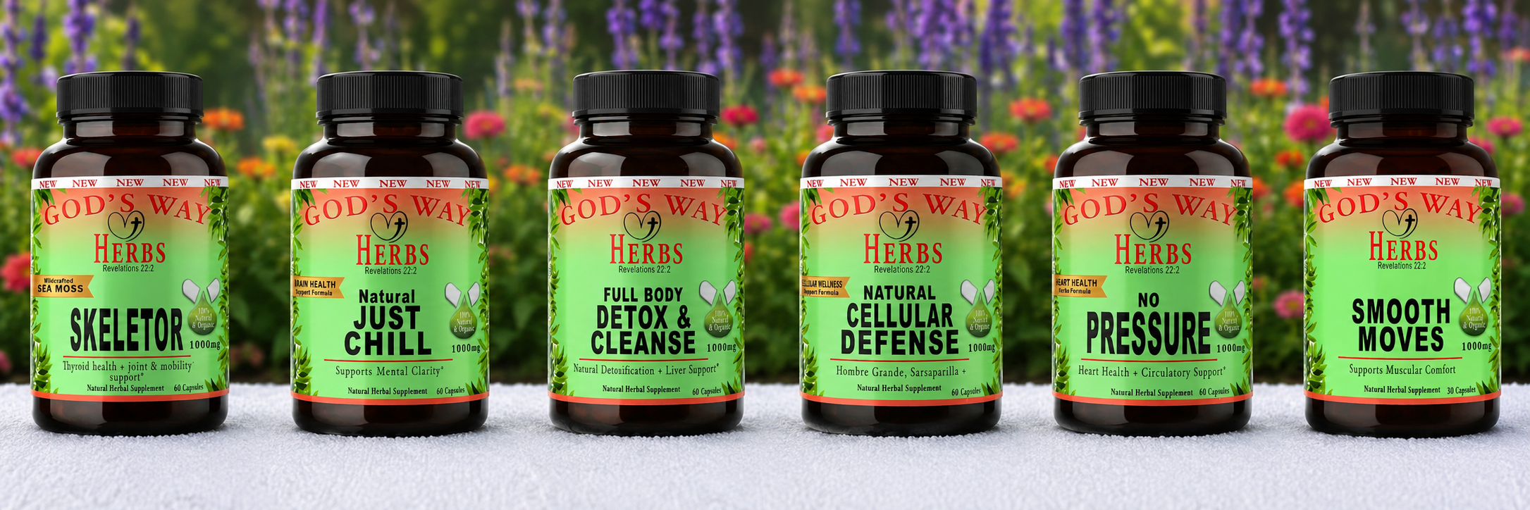 Total Body wellness Herbal Supplements Package with Skeletor joint mobility support, Just Chill calming support formula for clarity, Full Body Detox for natural detoxification, Natural Cellular Defense for cellular wellness, No Pressure Heart Health support and Smooth Move muscular tension support supplements.