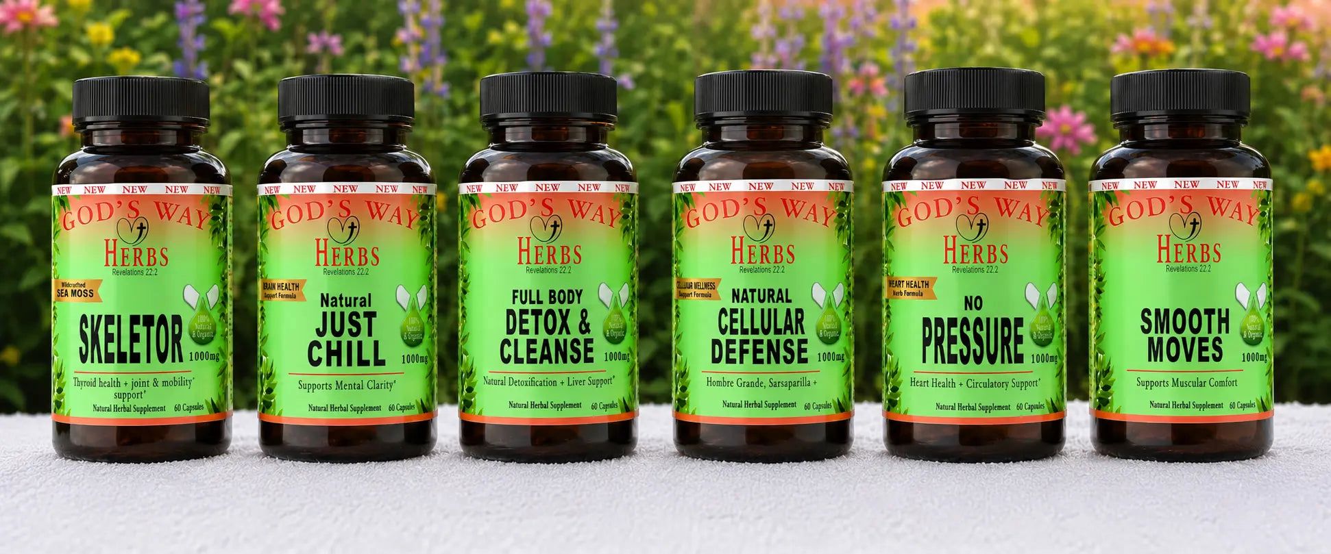 Herbal Supplements Wellness Package #3 by Gods Way Herbs includes Full Body Detox & Purifier 60ct, No Pressure 60ct heart health and digestion formula, Herbal 911 60ct promotes cellular wellness and immunity, Just Chill 60ct Calming Mood Support and Skeletor joint and mobility and thyroid health support