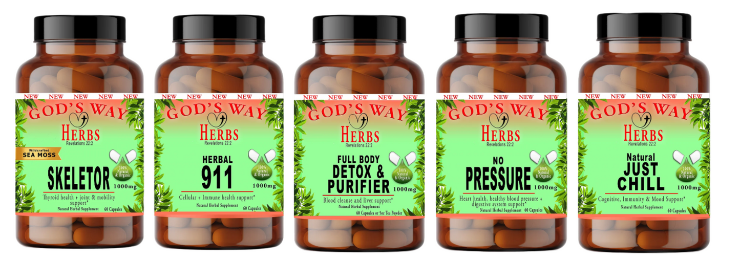 Herbal Supplements Wellness Package #4 by Gods Way Herbs includes 2 Full Body Detox & Purifier 60ct, 2 No Pressure 60ct heart health and digestion formula, 2 Herbal 911 60ct promotes cellular wellness and immunity, 2 Just Chill 60ct Calming Mood Support and Skeletor joint and mobility and thyroid health support