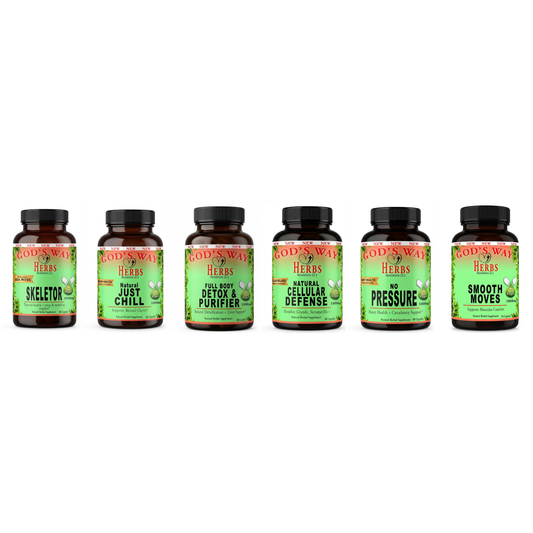 Herbal Supplements Wellness Package #3 by Gods Way Herbs includes Full Body Detox & Purifier 60ct, No Pressure 60ct heart health and digestion formula, Herbal 911 60ct promotes cellular wellness and immunity, Just Chill 60ct Calming Mood Support and Skeletor joint and mobility and thyroid health support