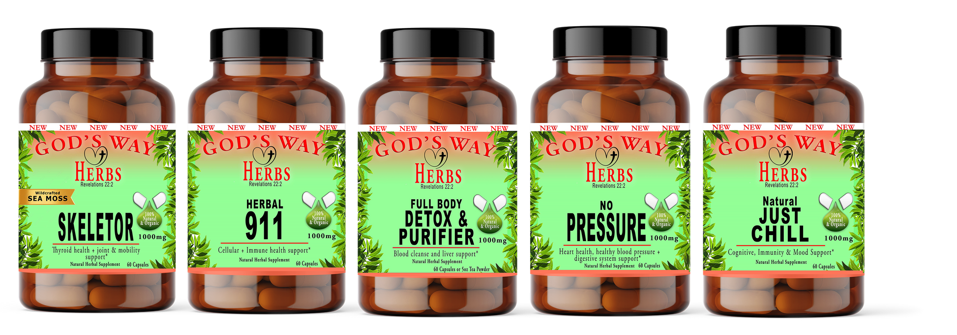 Herbal Supplements Wellness Package #4 by Gods Way Herbs includes 2 Full Body Detox & Purifier 60ct, 2 No Pressure 60ct heart health and digestion formula, 2 Herbal 911 60ct promotes cellular wellness and immunity, 2 Just Chill 60ct Calming Mood Support and Skeletor joint and mobility and thyroid health support