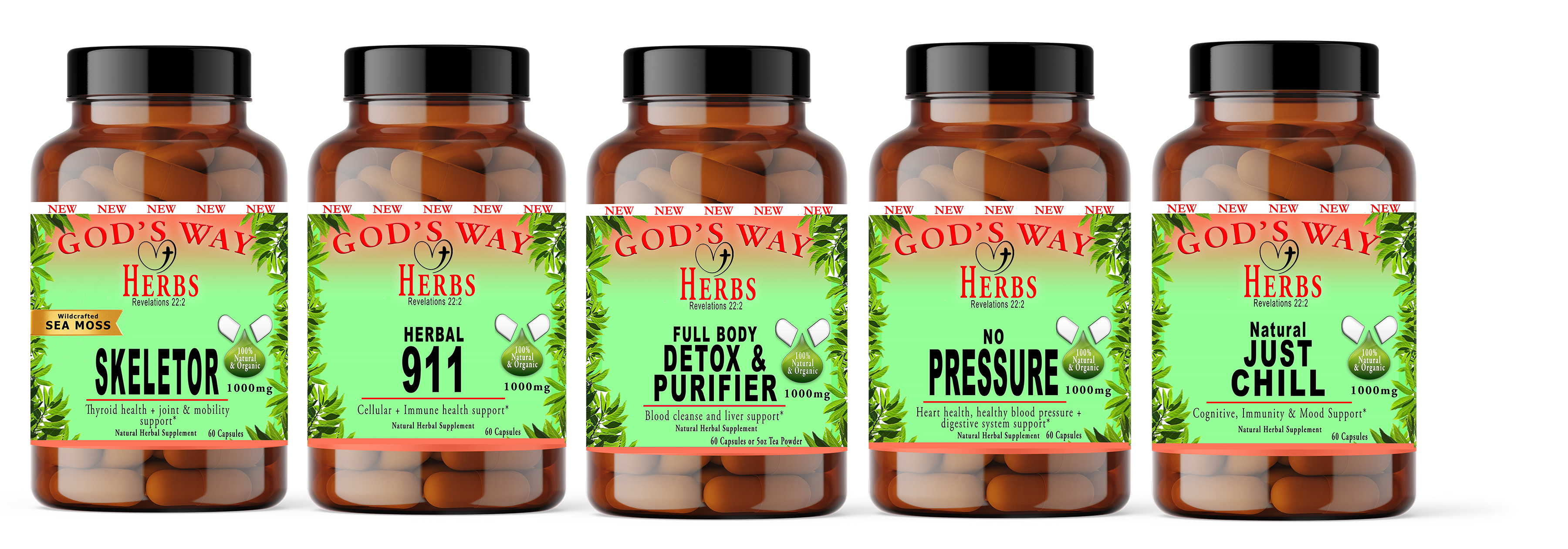 Herbal Supplements Wellness Package #4 by Gods Way Herbs includes 2 Full Body Detox & Purifier 60ct, 2 No Pressure 60ct heart health and digestion formula, 2 Herbal 911 60ct promotes cellular wellness and immunity, 2 Just Chill 60ct Calming Mood Support and Skeletor joint and mobility and thyroid health support