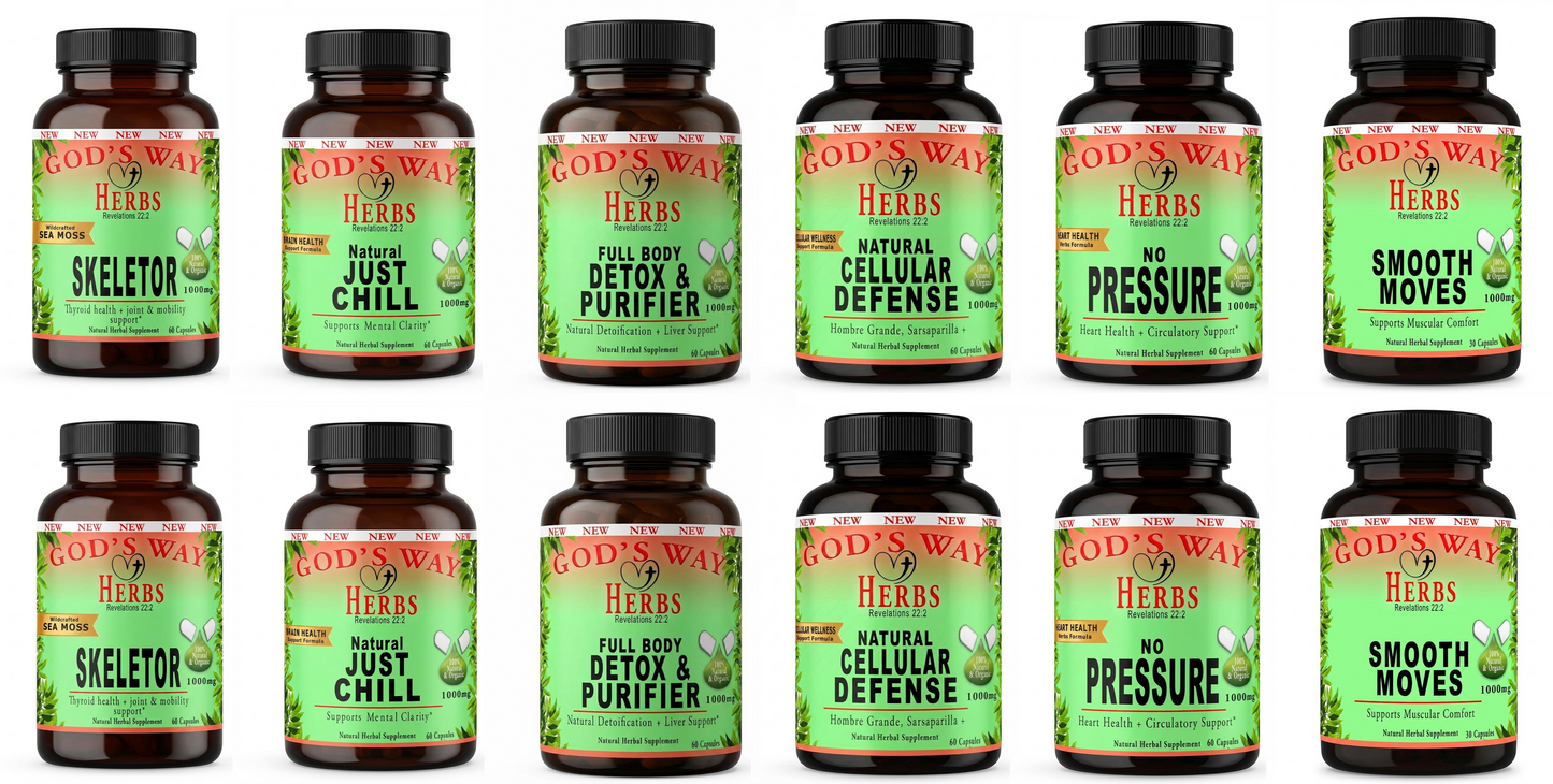 Herbal Supplements Wellness Package #3 by Gods Way Herbs includes Full Body Detox & Purifier 60ct, No Pressure 60ct heart health and digestion formula, Herbal 911 60ct promotes cellular wellness and immunity, Just Chill 60ct Calming Mood Support and Skeletor joint and mobility and thyroid health support