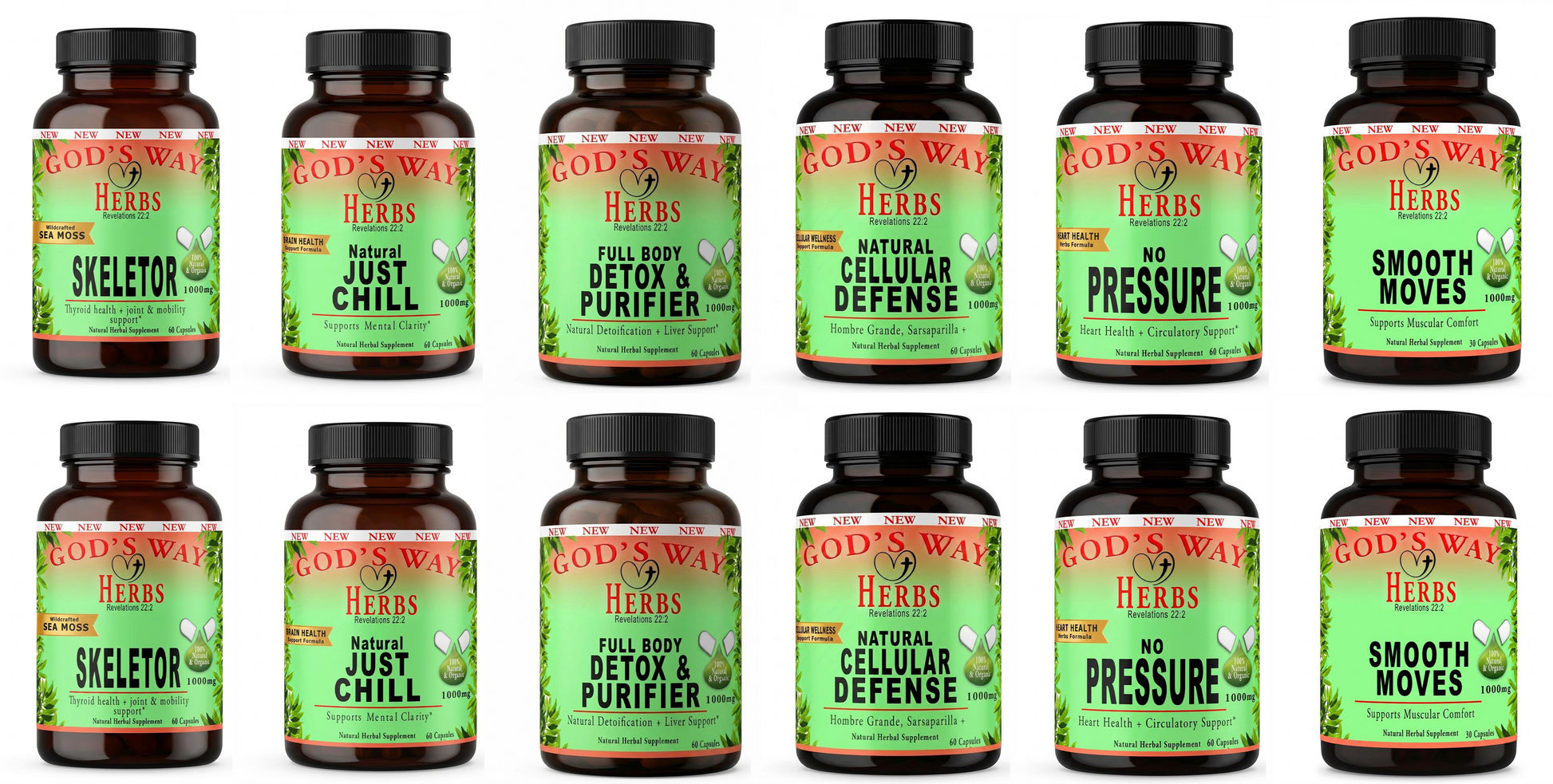 Herbal Supplements Wellness Package #3 by Gods Way Herbs includes Full Body Detox & Purifier 60ct, No Pressure 60ct heart health and digestion formula, Herbal 911 60ct promotes cellular wellness and immunity, Just Chill 60ct Calming Mood Support and Skeletor joint and mobility and thyroid health support