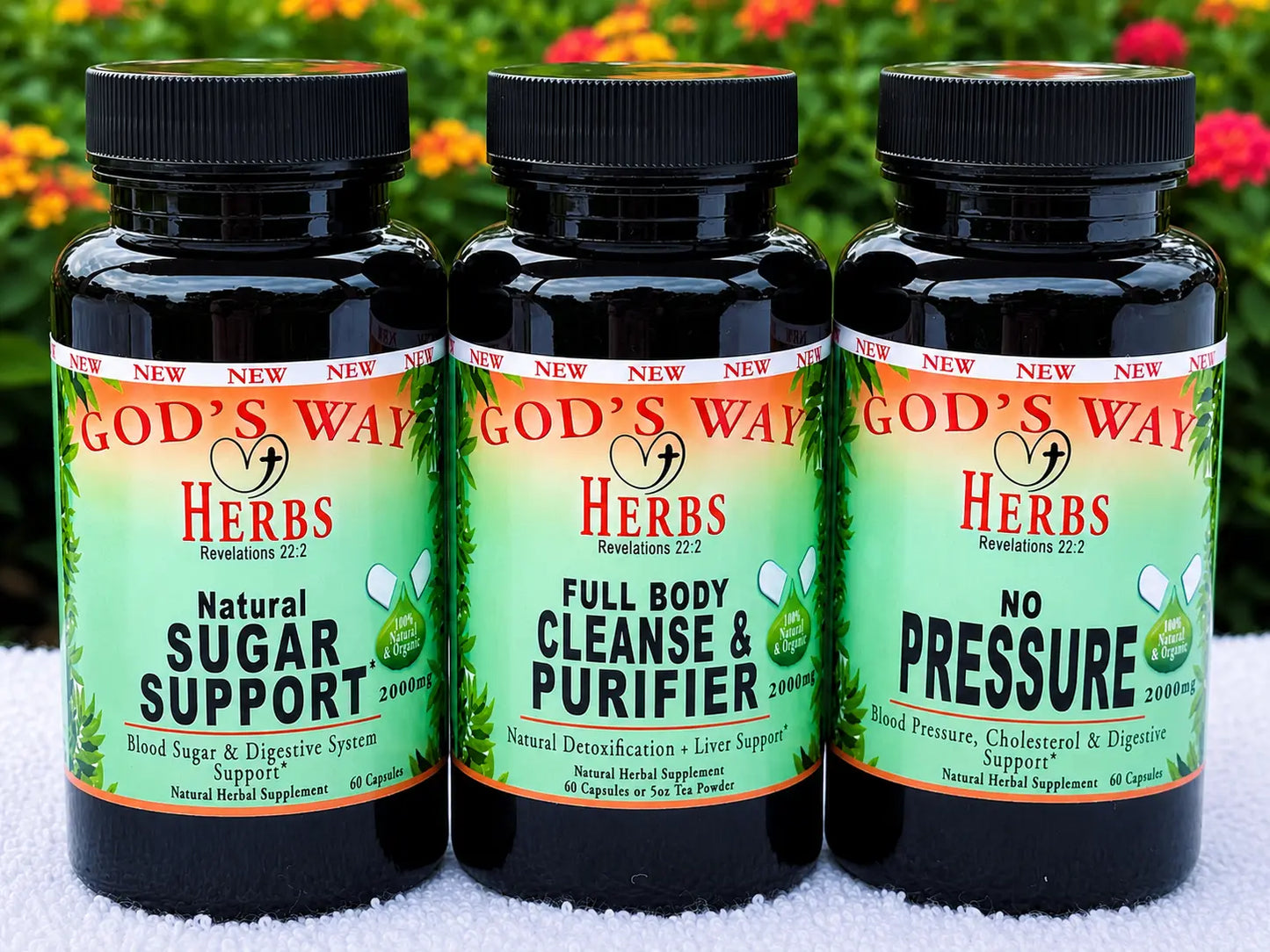 Dr. Sebi Wellness Package #5 (Heart Heath & Natural Detox Support) with No Pressure 60ct, Natural Sugar Support 60ct and Full Body Detox & Cleanse 60ct by God's Way Herbs