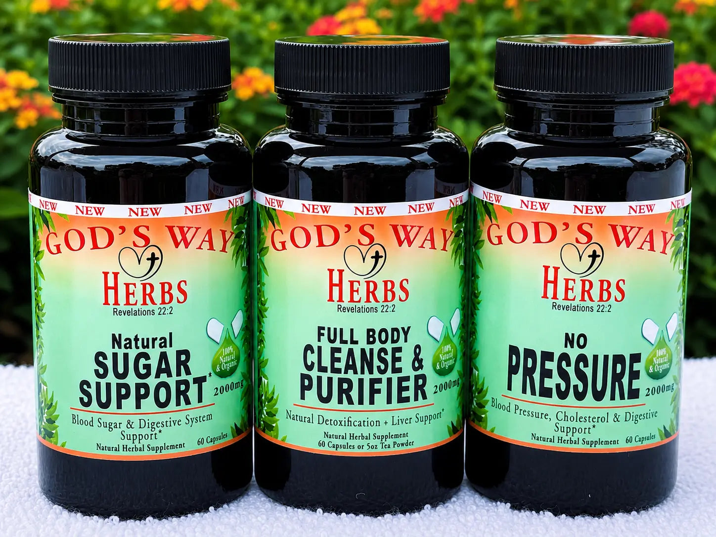 Dr. Sebi Wellness Package #5 (Heart Heath & Natural Detox Support) with No Pressure 60ct, Natural Sugar Support 60ct and Full Body Detox & Cleanse 60ct by God's Way Herbs