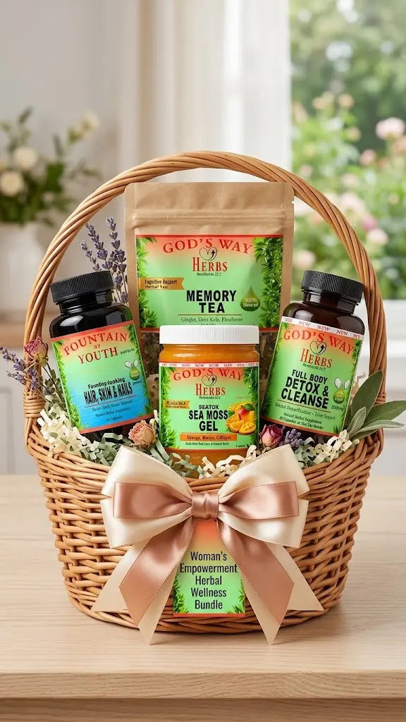 A wicker gift basket filled with herbal wellness products including God's Way by Herbs Memory Tea, Sea Moss Gel, and supplement bottles, set on a wooden table with a blurred indoor garden background.