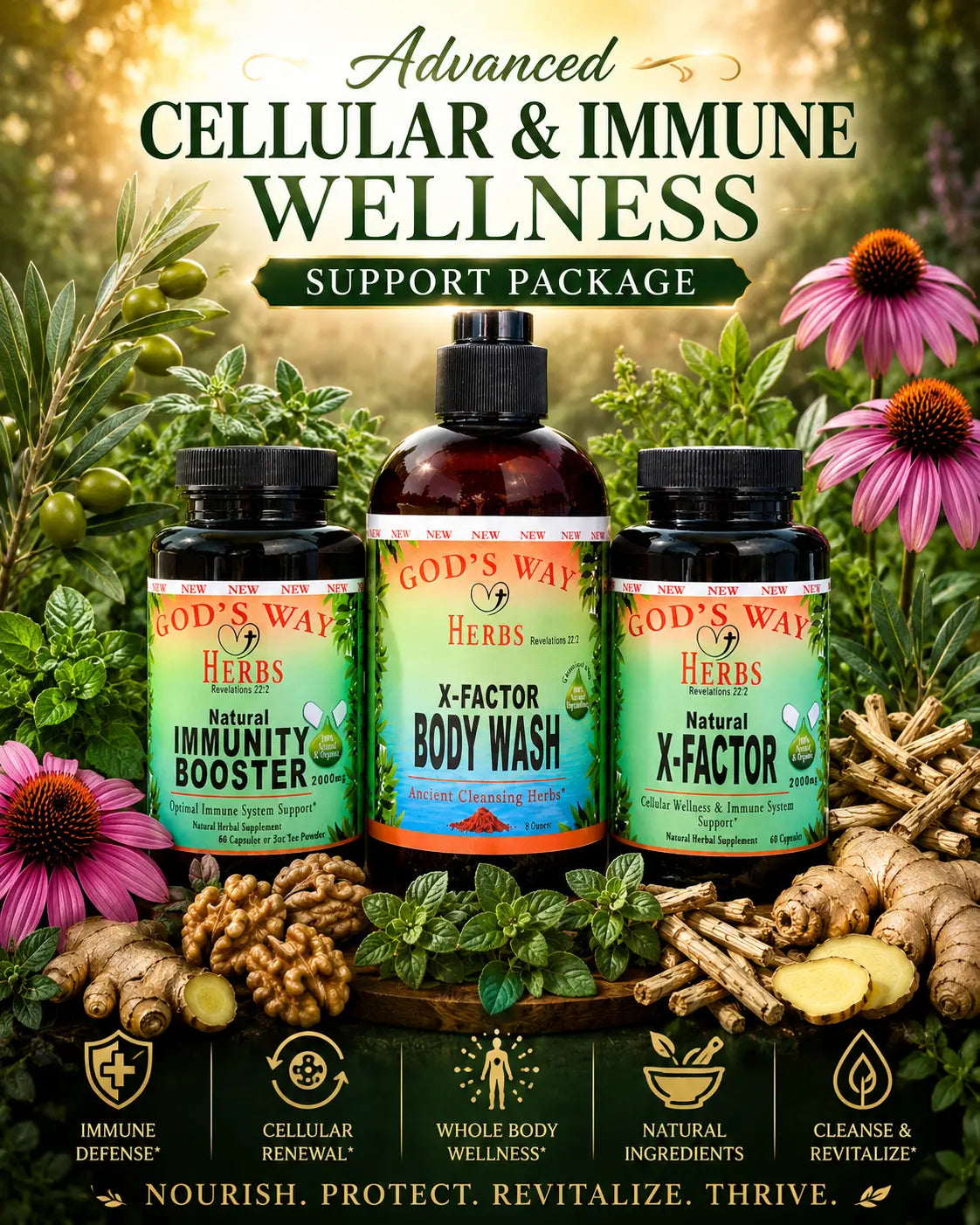 God's Way Herbs products for cellular and immune wellness with natural ingredients and plants in the background.