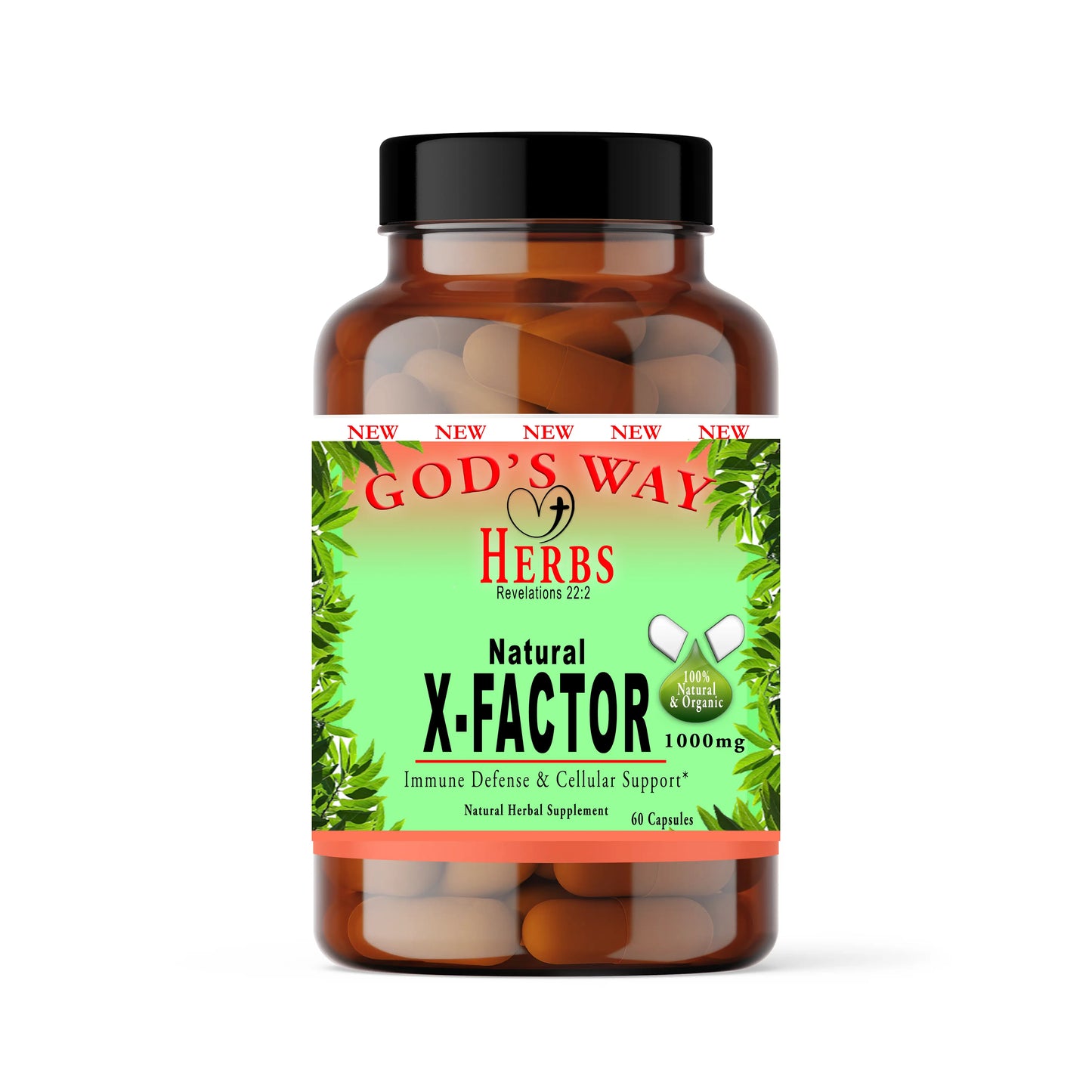 X-Factor 60ct natural herbal supplement formula, X-Factor, godswayherbs.com, pau d'arco, black walnut, hulls, oregano, olive leaf