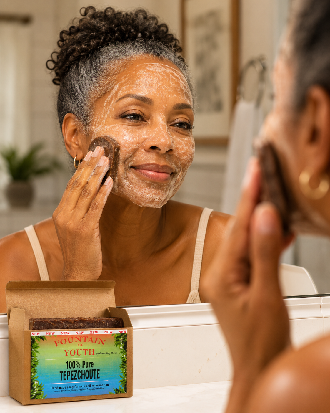 Black woman washing  her face with a Pure Tepezcohite Soap Bar by God's Way Herbs