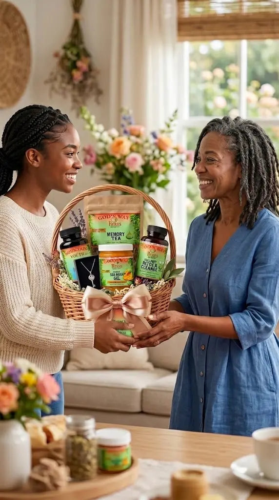 Mother and daughter exchanging a wicker gift basket filled with God's Way Herbs herbal supplement products.
