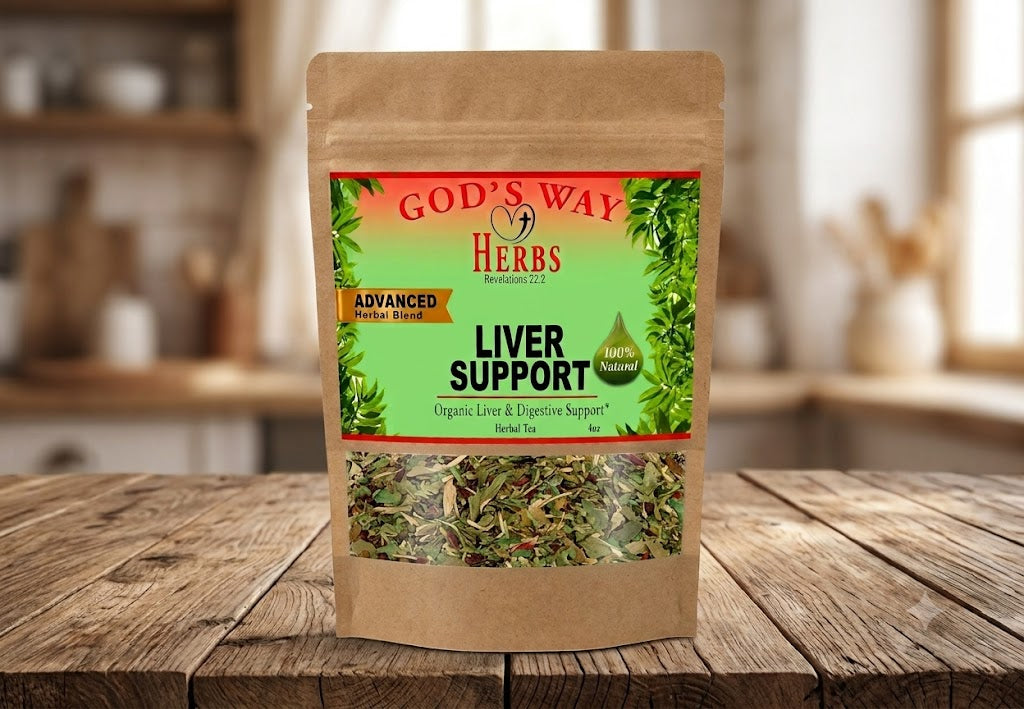 A stand-up kraft paper pouch of God's Way Herbs Liver Support herbal tea, displayed on a rustic wooden table with a blurred kitchen background.