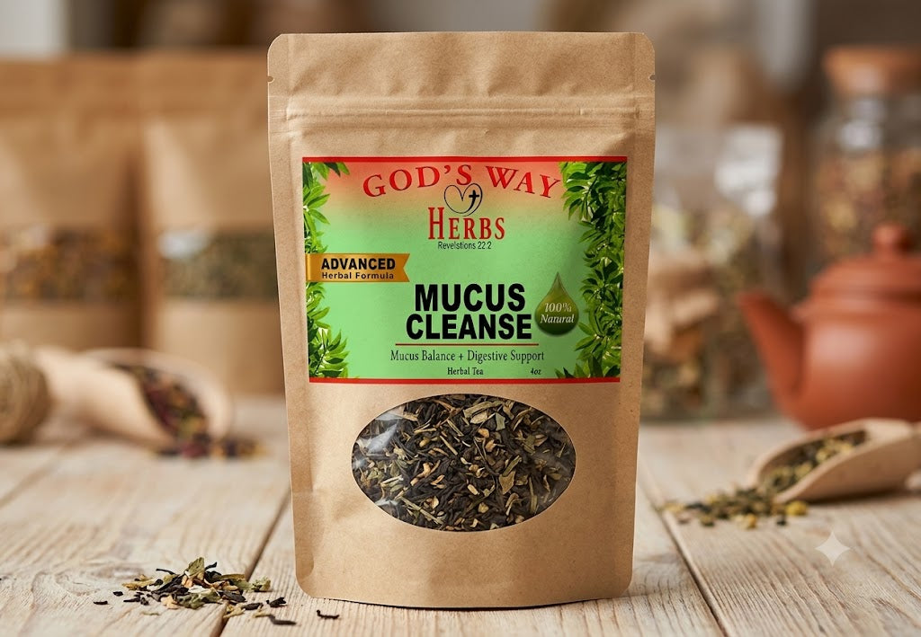 A stand-up kraft paper pouch of God's Way Herbs Mucus Cleanse herbal tea, shown on a rustic wooden table with blurred tea bags and a teapot in the background.