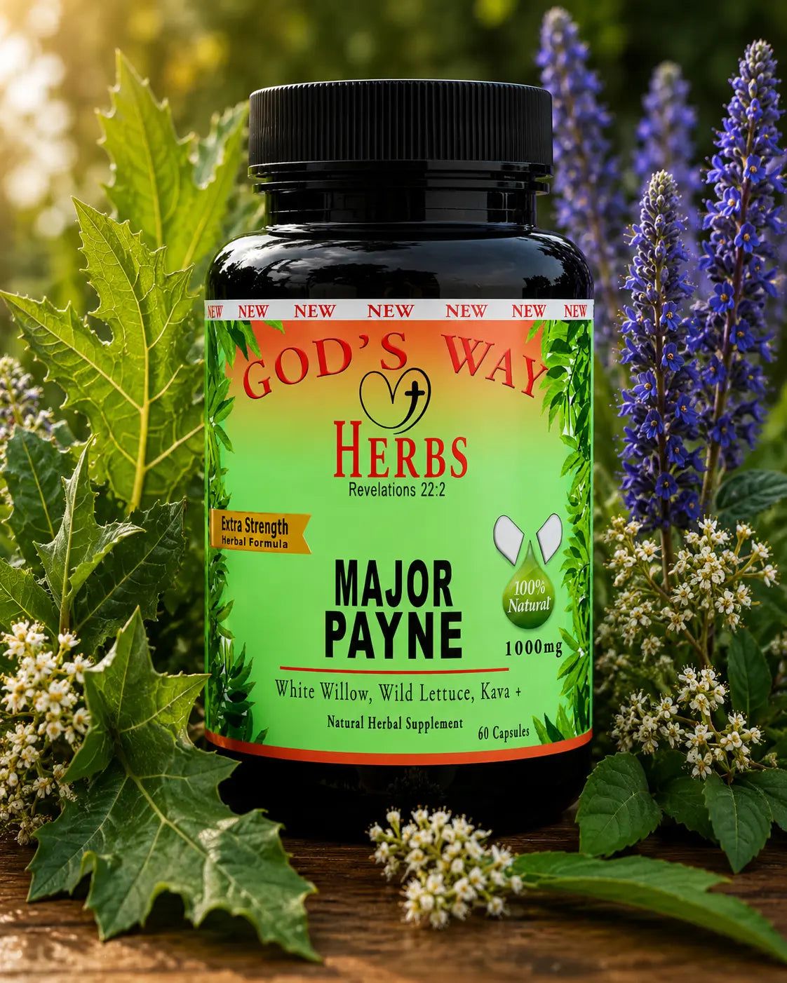 A bottle Major Payne Herbal Supplement on a table surrounded by white willow, blue cohosh and wild lettuce