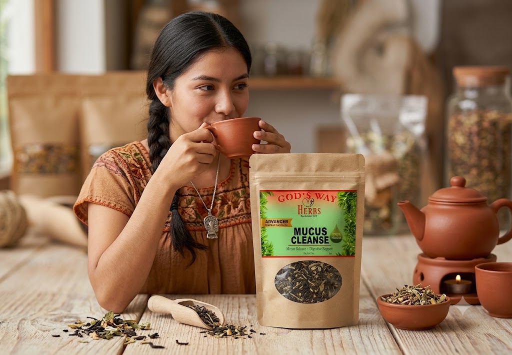 A woman in a brown patterned blouse holds a terracotta cup next to a stand-up pouch of God's Way Herbs Mucus Cleanse tea on a rustic wooden table, with a teapot and bowls nearby.