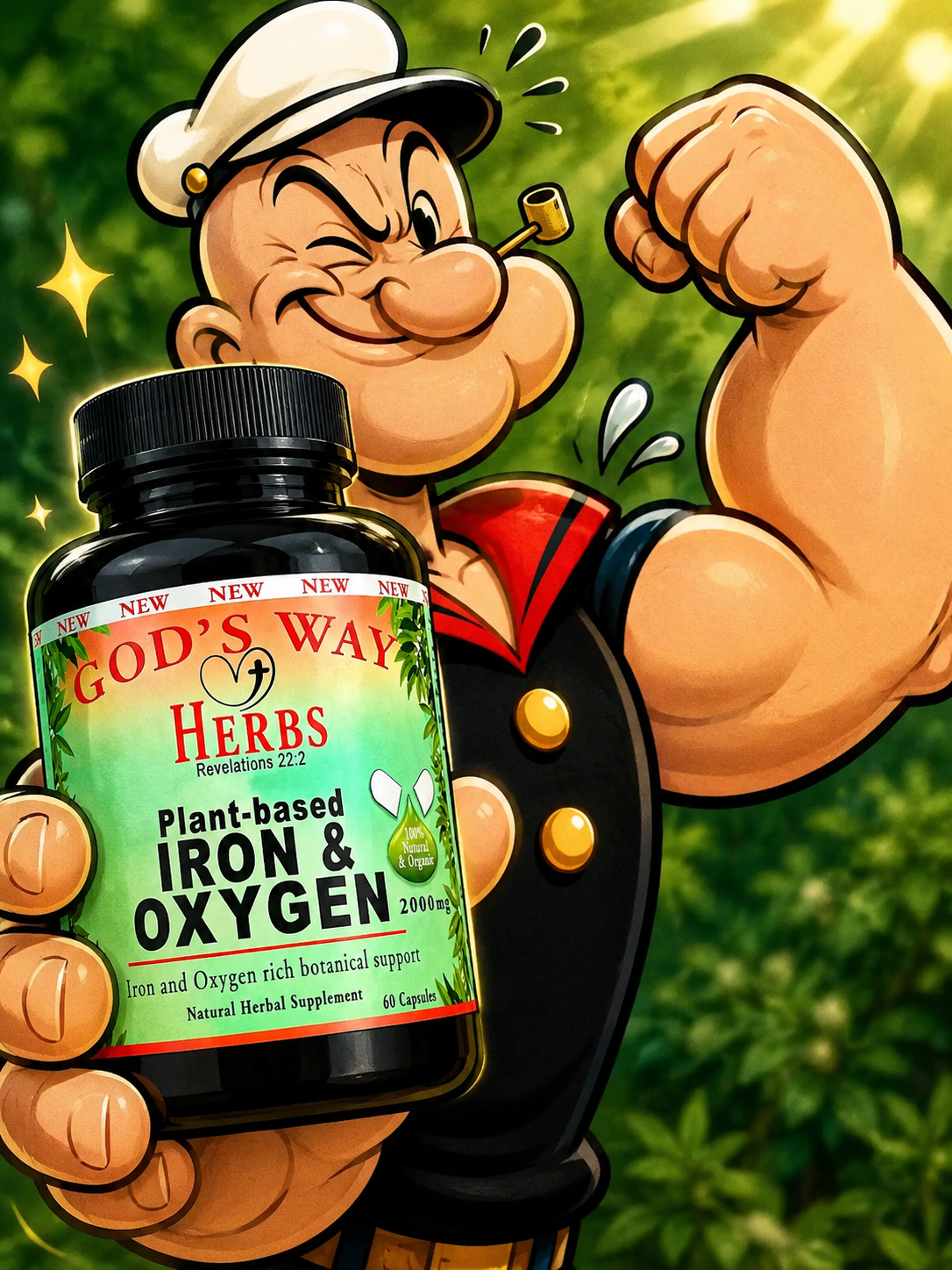 Popeye the Sailor Man uses Iron & Oxygen Herbal Supplement formula by God's Way herbs